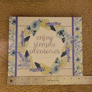 "Enjoy Simple Pleasures" Art Decor Blue Flowers White Wood Background